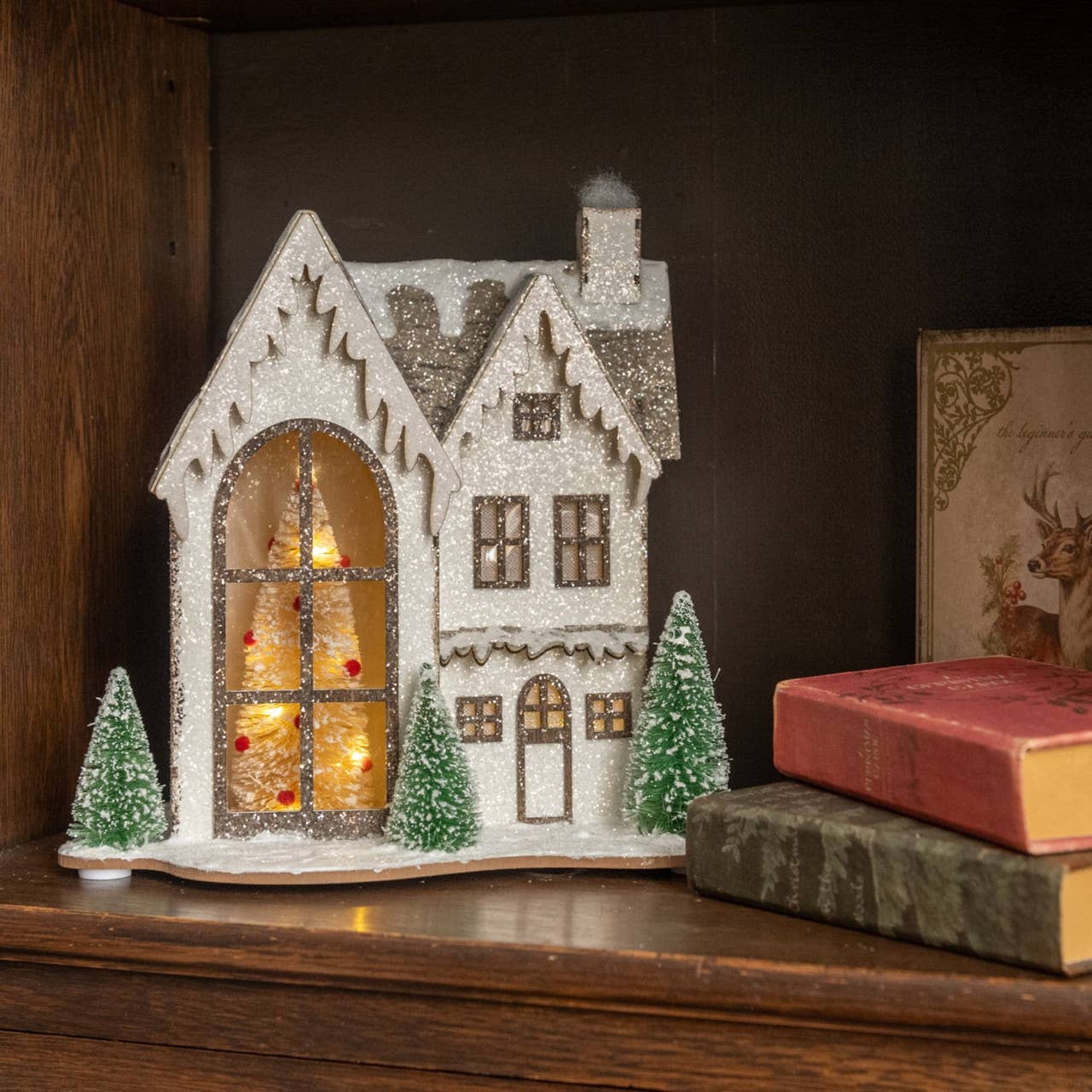 10.25" LIGHTED WOOD SNOWY HOLIDAY HOUSE