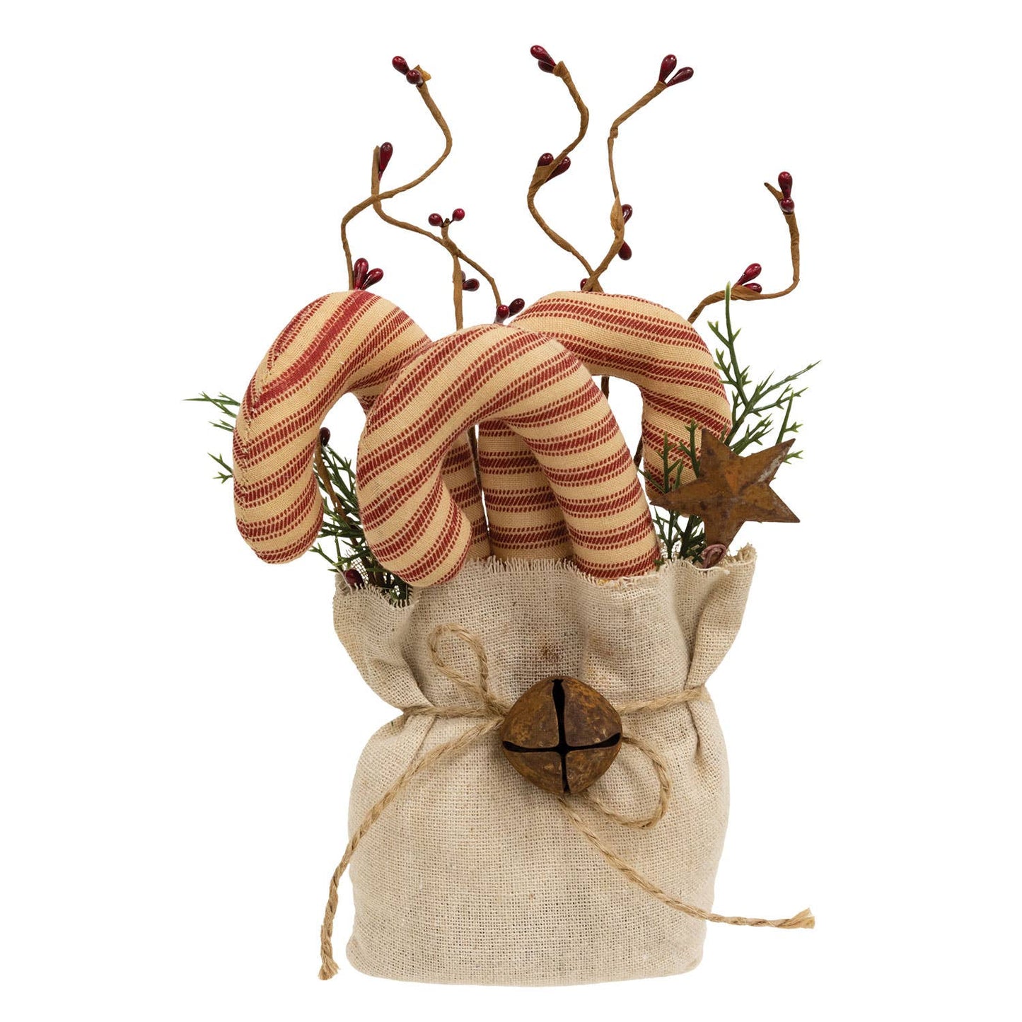Stuffed Ticking Stripe Candy Canes & Greenery Goody Bag