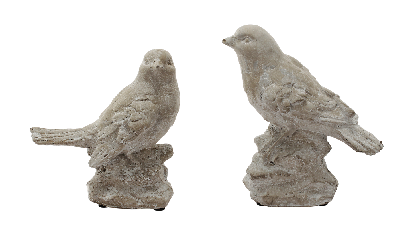 Set Of 2 Cement Watchful Birds On Rock Pedestal Decor