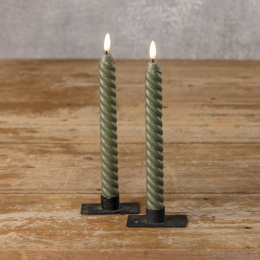 SET/ 2 - 9.5" 3D FLAME TWIST DARK GREEN TAPER CANDLE