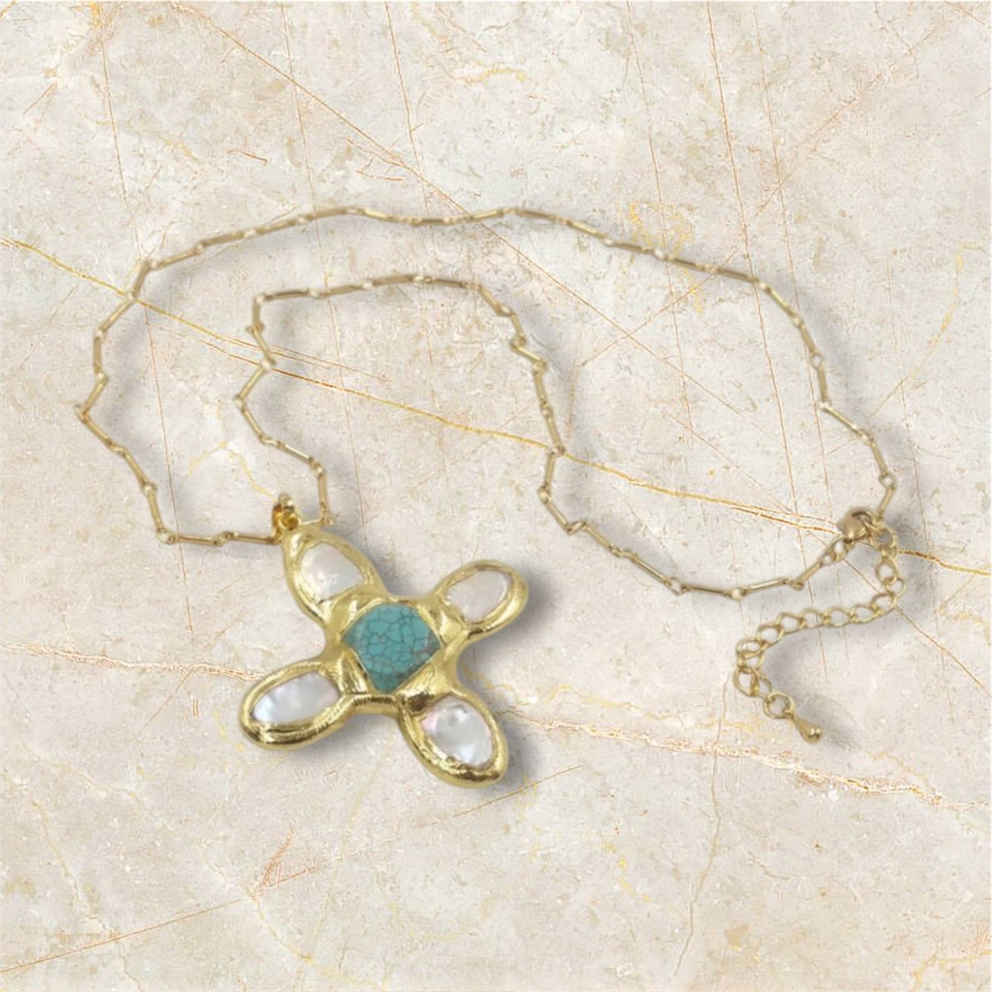 Pearl Cross Turquoise Pendant Necklace