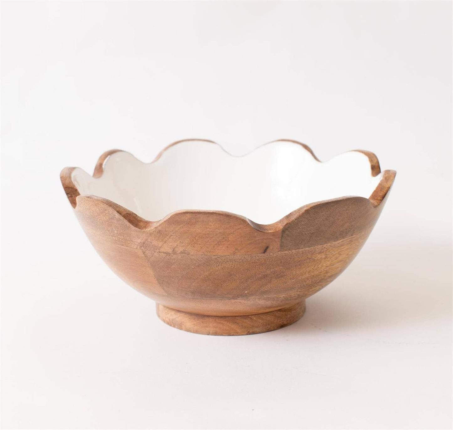 Fluted Mango Wood Bowl with White Enamel