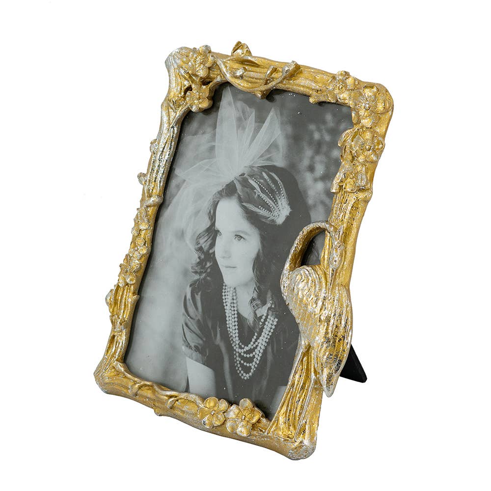 Antique Gold Swan Photo Frame w/ Swan Accent - 8.5x8.5" frame 5x7" Open