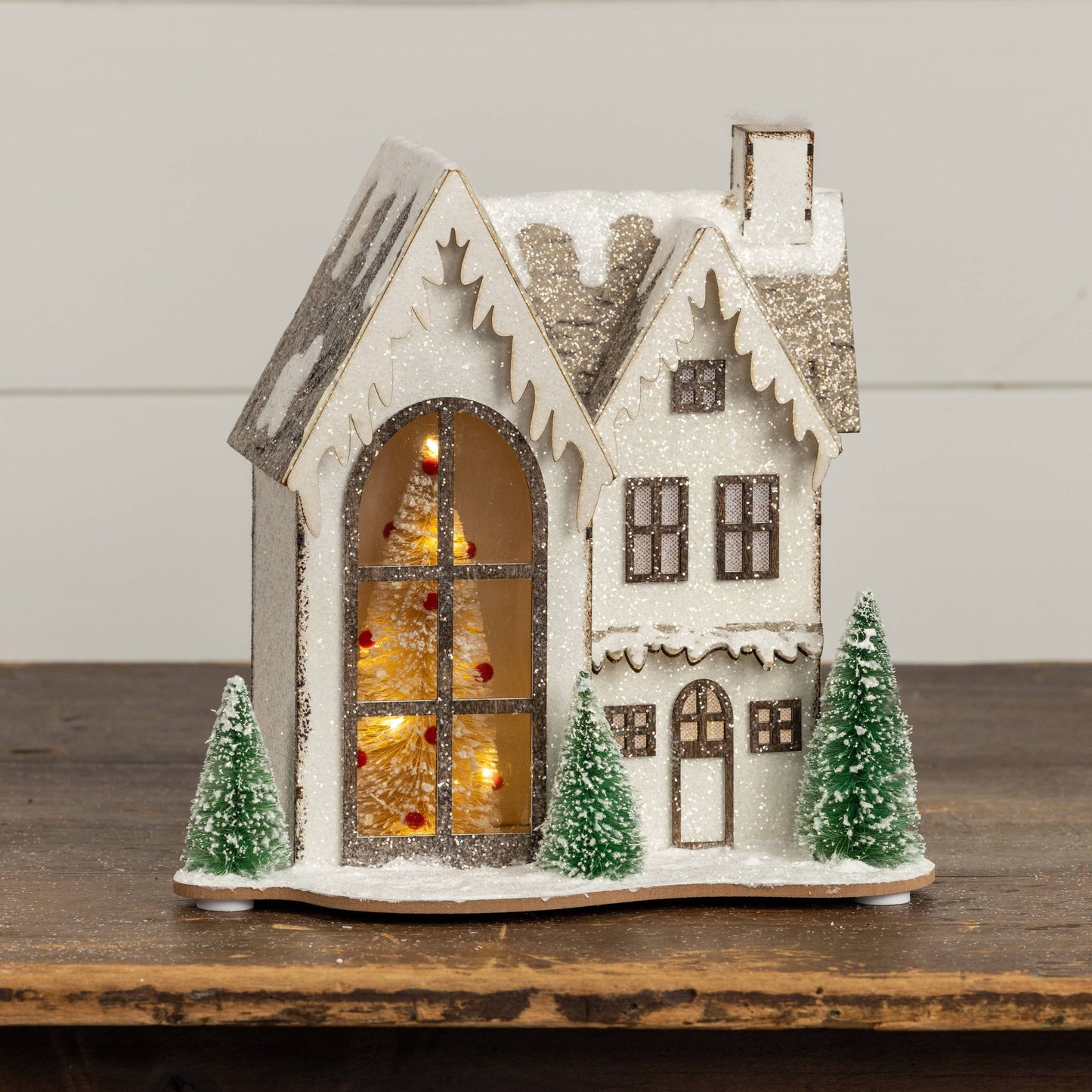 10.25" LIGHTED WOOD SNOWY HOLIDAY HOUSE
