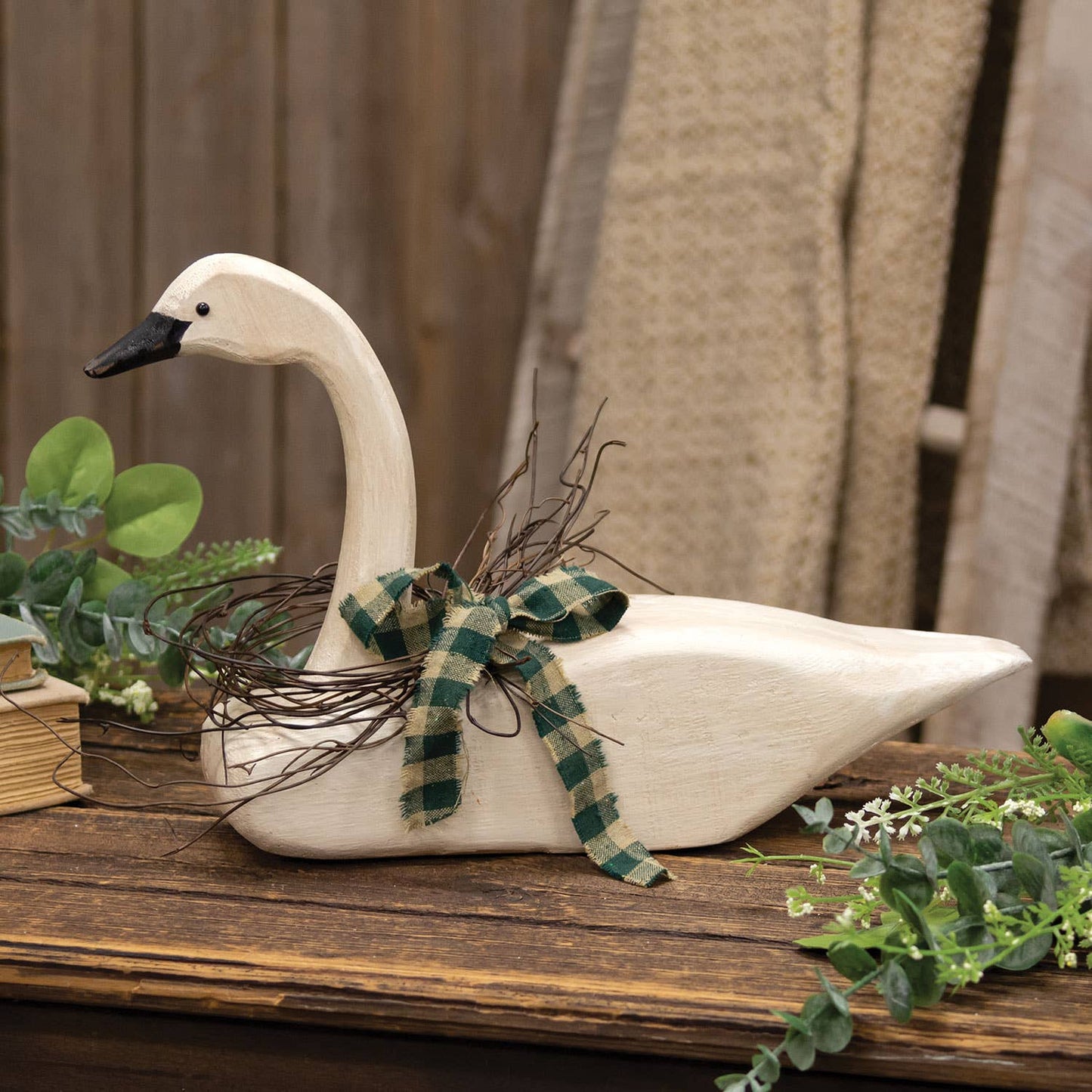 Distressed Wooden Carved Look Swan