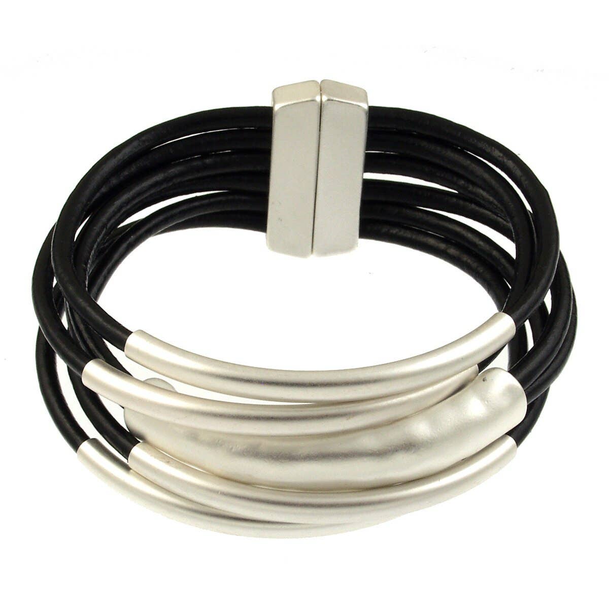 Classic Black leather matt silver tone 5 strand bracelet , Magnetic Closure.