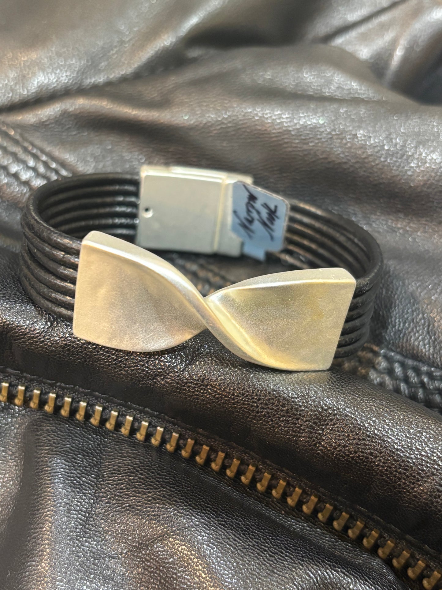 Black and Silver Bow Twist Tie leather bracelet
