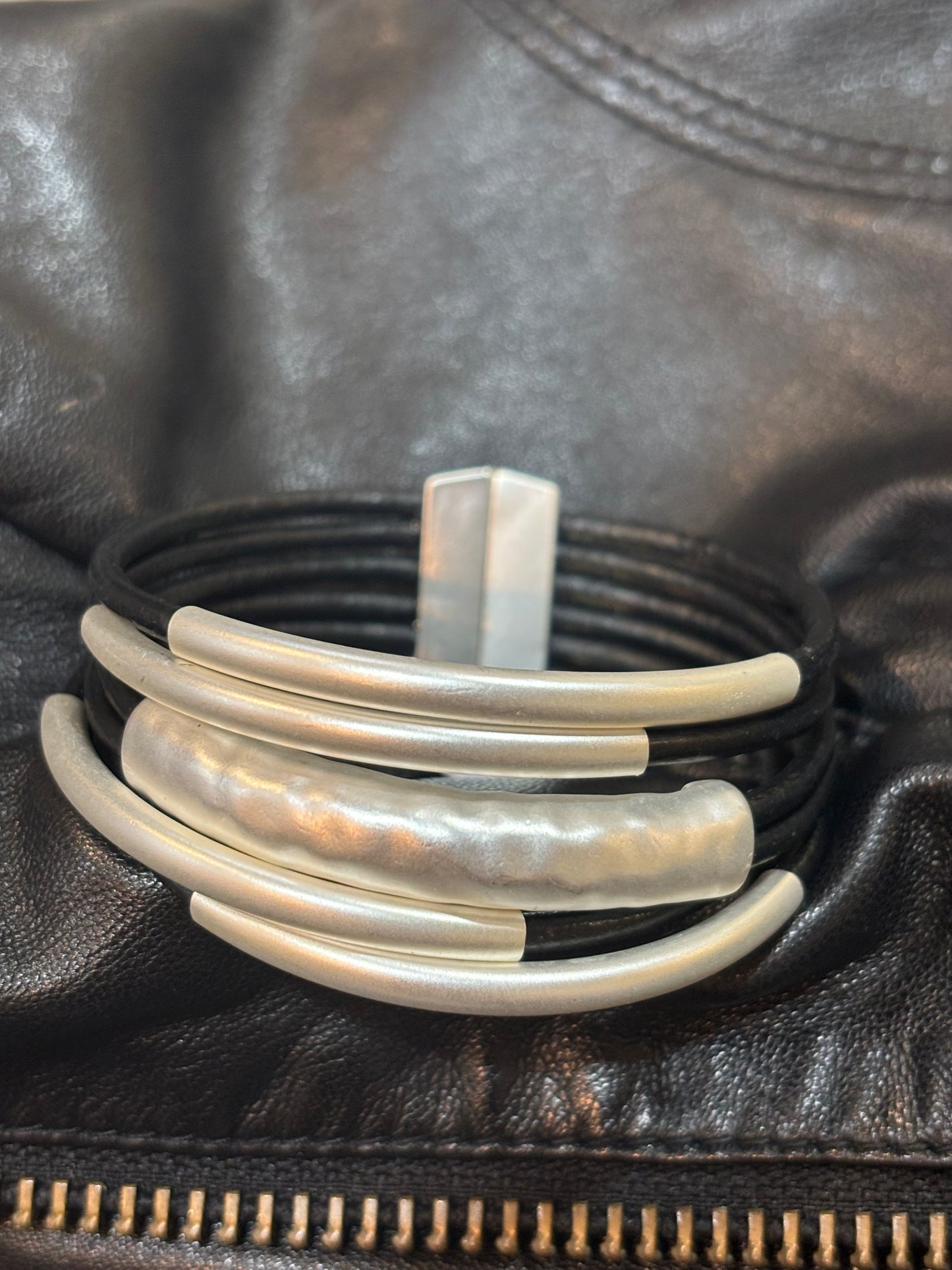 Classic Black leather matt silver tone 5 strand bracelet , Magnetic Closure.