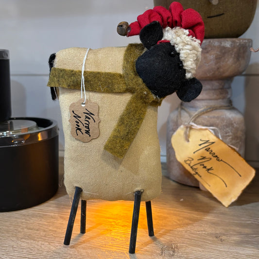 Stuffed Standing Primitive Sheep in Santa Hat