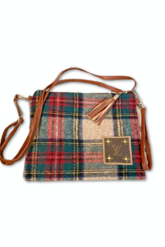 Tartan Plaid Crossbody Bag with Vegan Leather Strap & Tassel — Upcycled LV