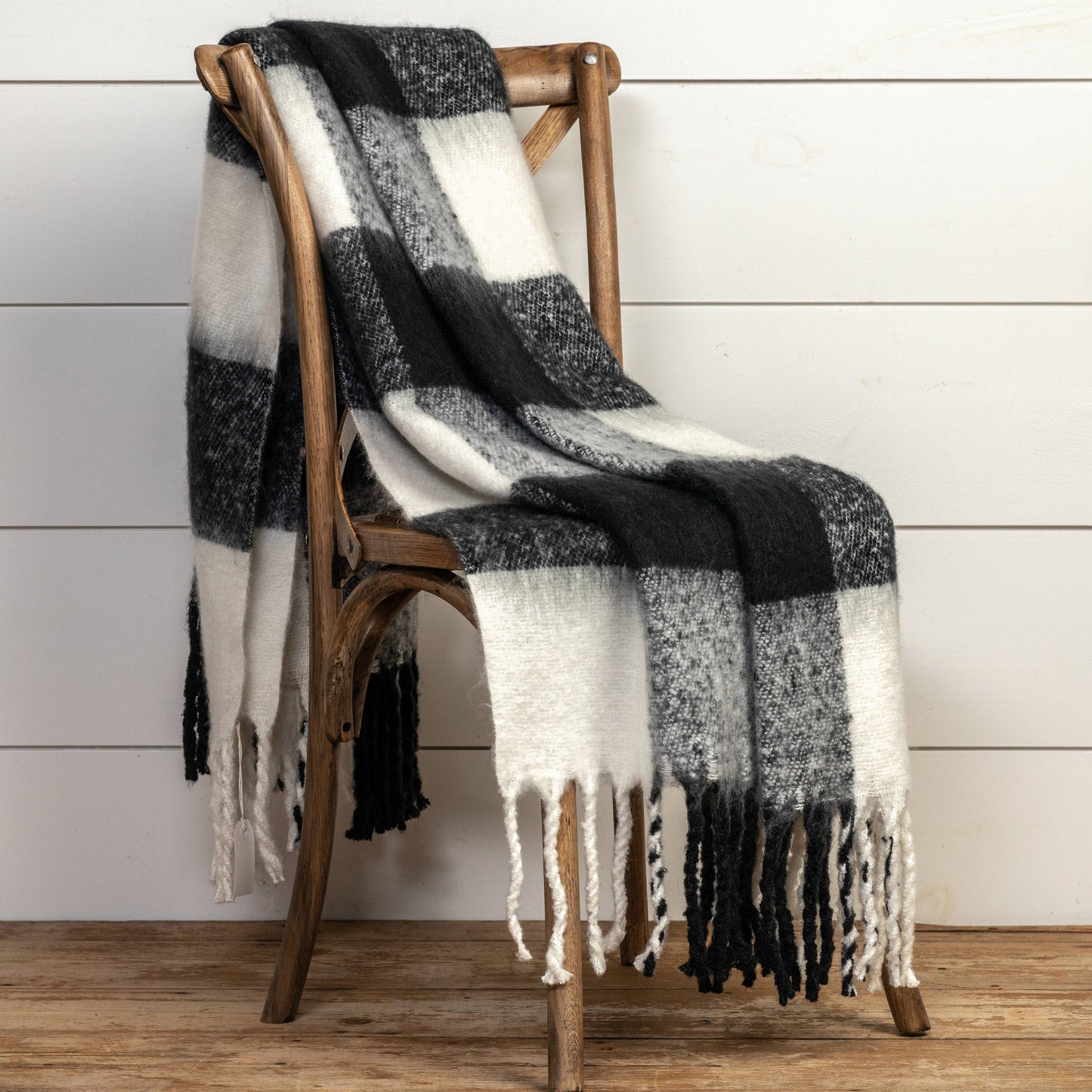 60" BLACK & WHITE CHECK BLANKET W/ FRINGE
