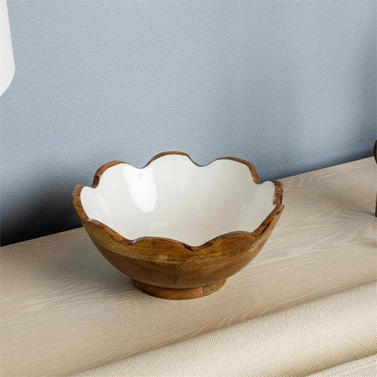 Fluted Mango Wood Bowl with White Enamel