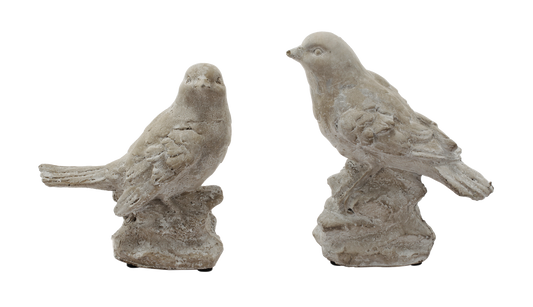 Set Of 2 Cement Watchful Birds On Rock Pedestal Decor