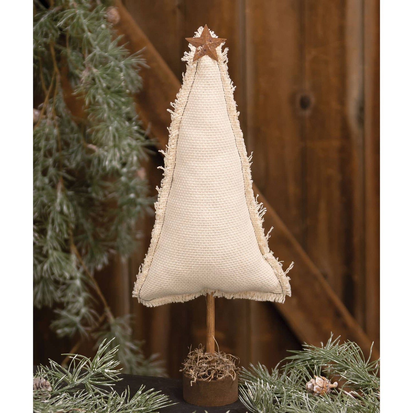 Fringed Stuffed Ivory Canvas Christmas Tree on Base, 14.5"