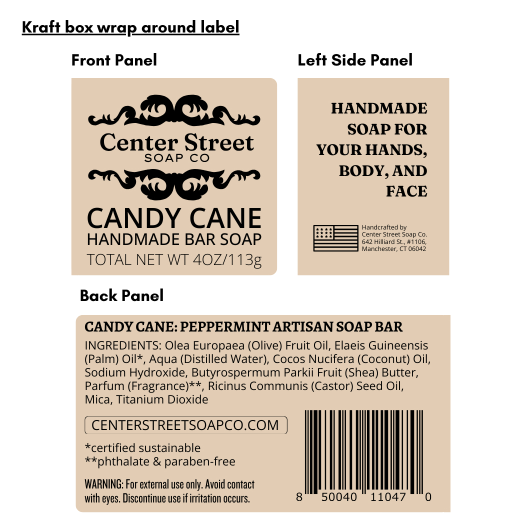 Candy Cane Christmas Handmade Bar Soap - 4oz