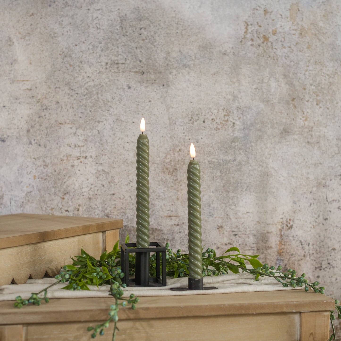 SET/ 2 - 9.5" 3D FLAME TWIST DARK GREEN TAPER CANDLE