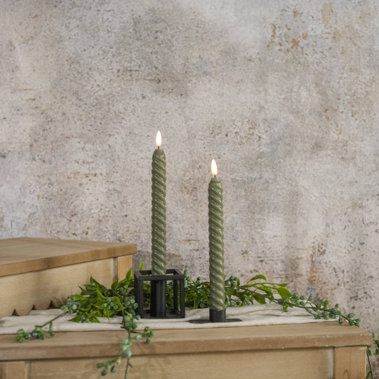 SET/ 2 - 9.5" 3D FLAME TWIST DARK GREEN TAPER CANDLE