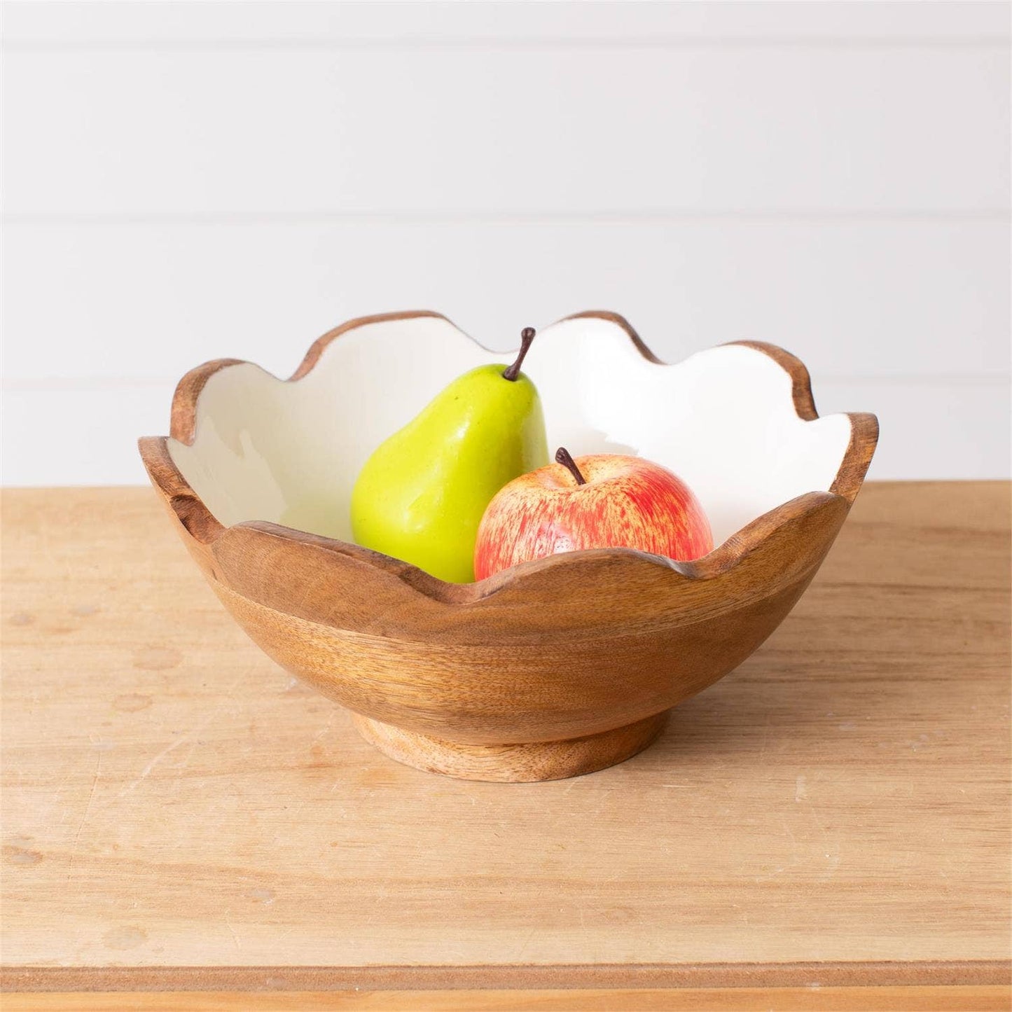Fluted Mango Wood Bowl with White Enamel
