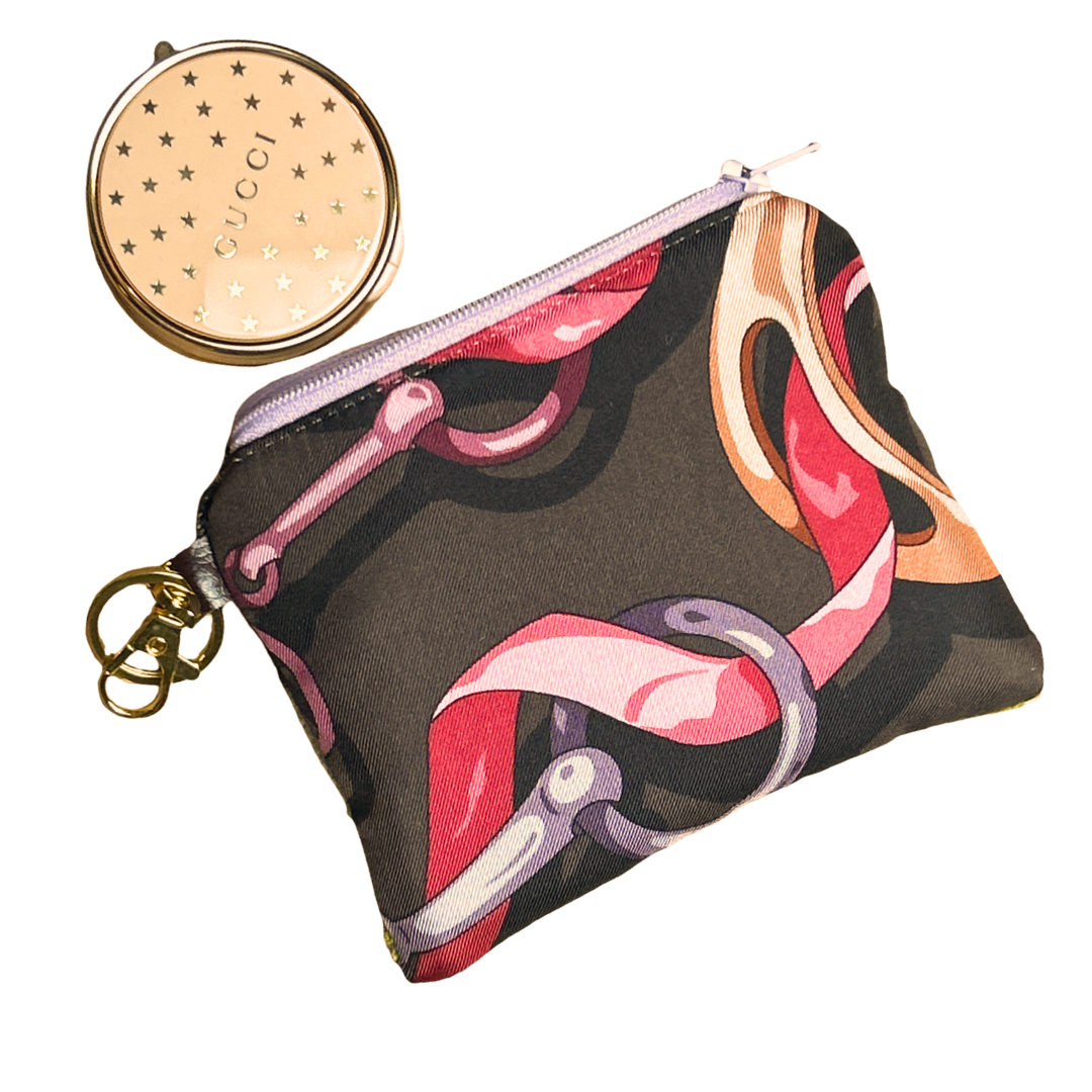 Gucci Horse Bit Brown Vintage Silk Scarf  Coffee Run Keychain Bag