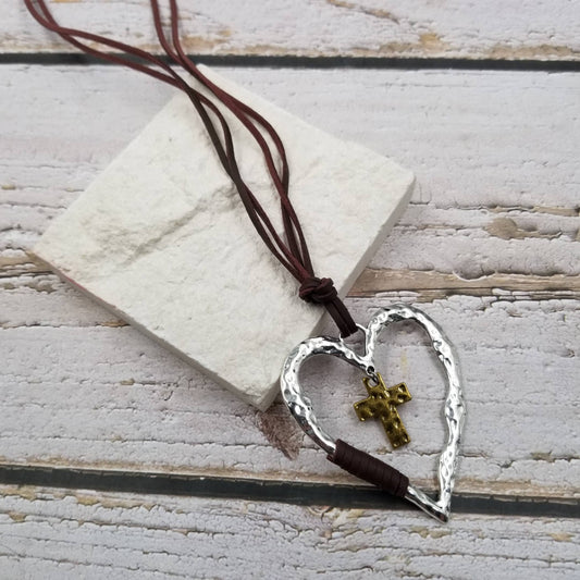 Retro Silver Cross Heart Necklace